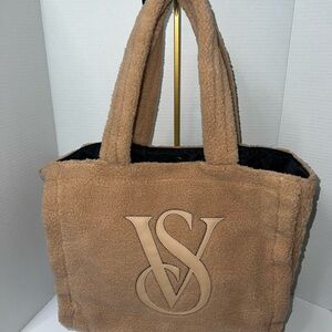 NWT Victoria's Secret Tote Bag Large Cozy Plush Fleece Brown Sherpa New with tag